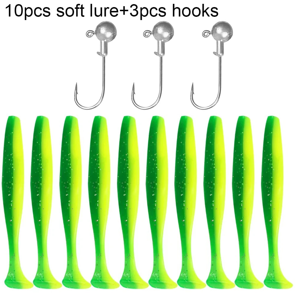 Soft Plastic Lure Kit | 10pcs T-Tail Worms + 3 Jig Heads | 5.5cm–10cm Swimbait Set