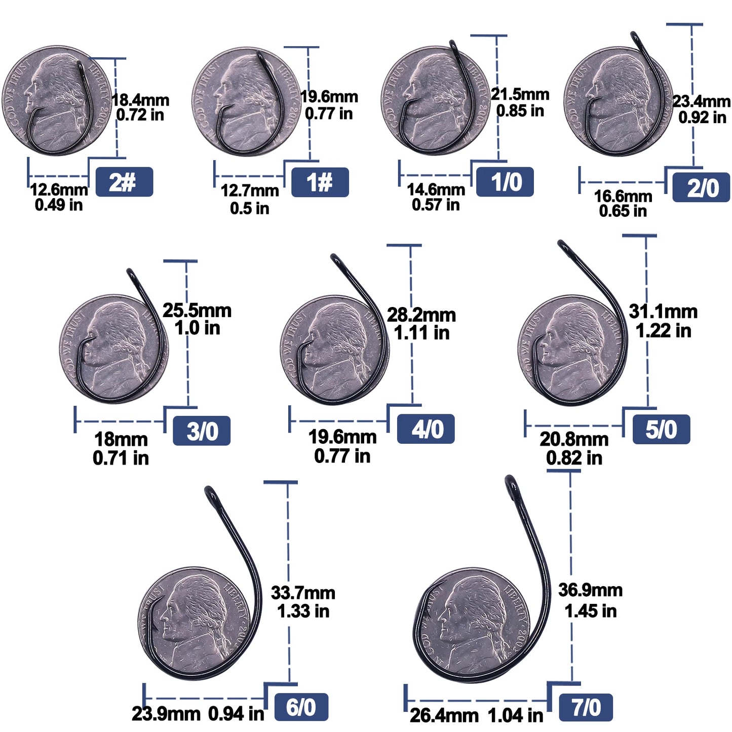 Inline Circle Hooks | Wide Gap Light Wire Saltwater Fishing Hooks | 25–100pcs | Sizes #4 to 7/0