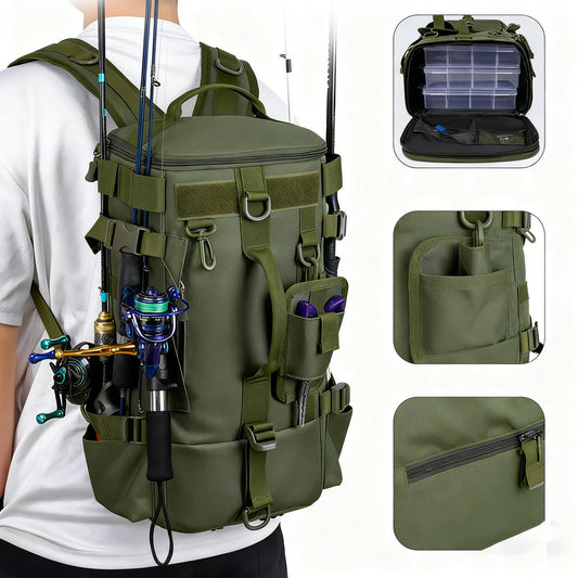 Fishing Backpack Tackle Bag | Waterproof Storage Pack with Rod Holders | Outdoor Gear Bag