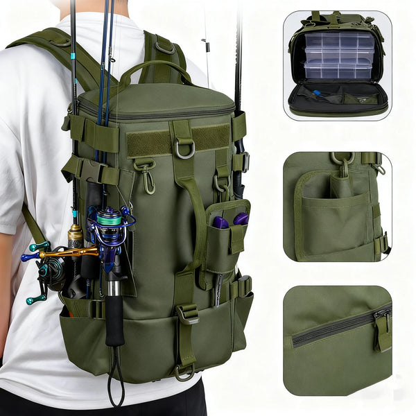 Fishing Backpack Tackle Bag | Waterproof Storage Pack with Rod Holders | Outdoor Gear Bag