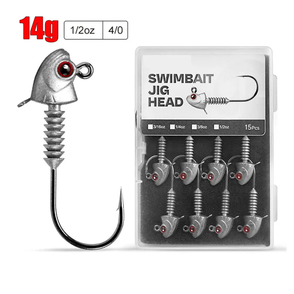 MrLurion Screw Lock Jig Head Set | 5g–14g Weighted Hooks | 15pcs Soft Plastic Jig Heads