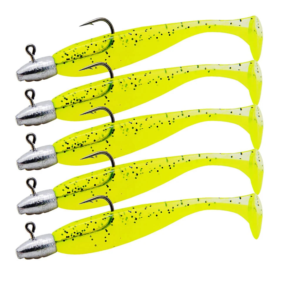 5pcs T-Tail Soft Lure Set with Jig Heads | Paddle Tail Swimbaits | Pre-Rigged Fishing Lures