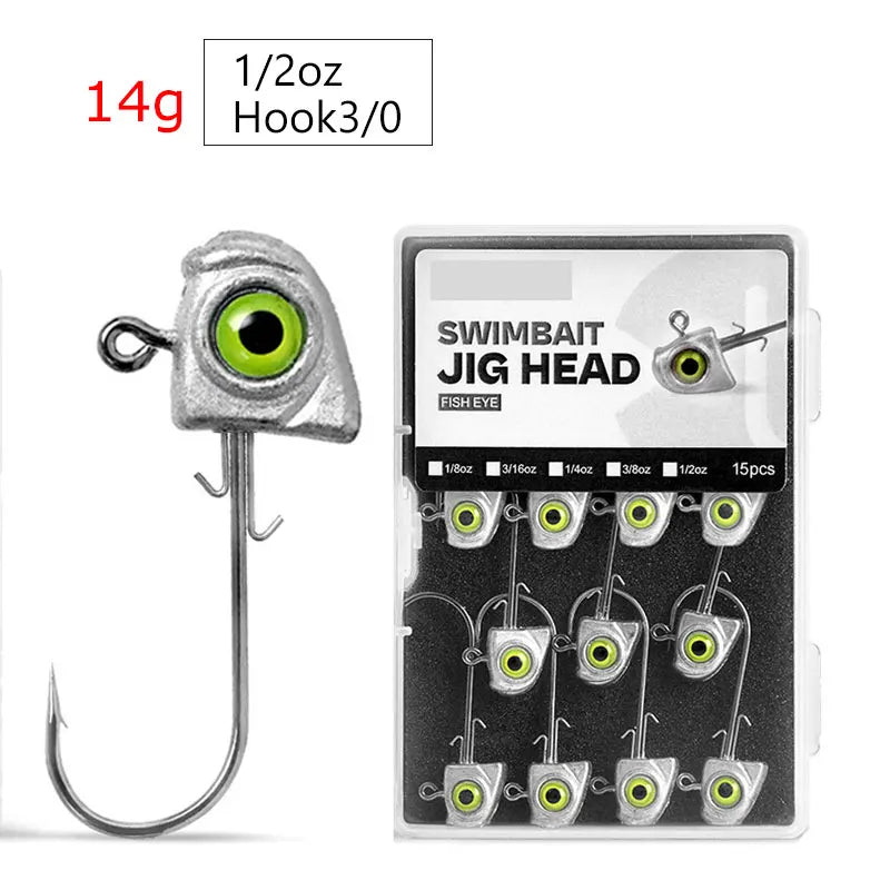 15pcs Jig Head Hook Set | 3.5g–14g Soft Plastic Jig Heads for Freshwater & Inshore Fishing