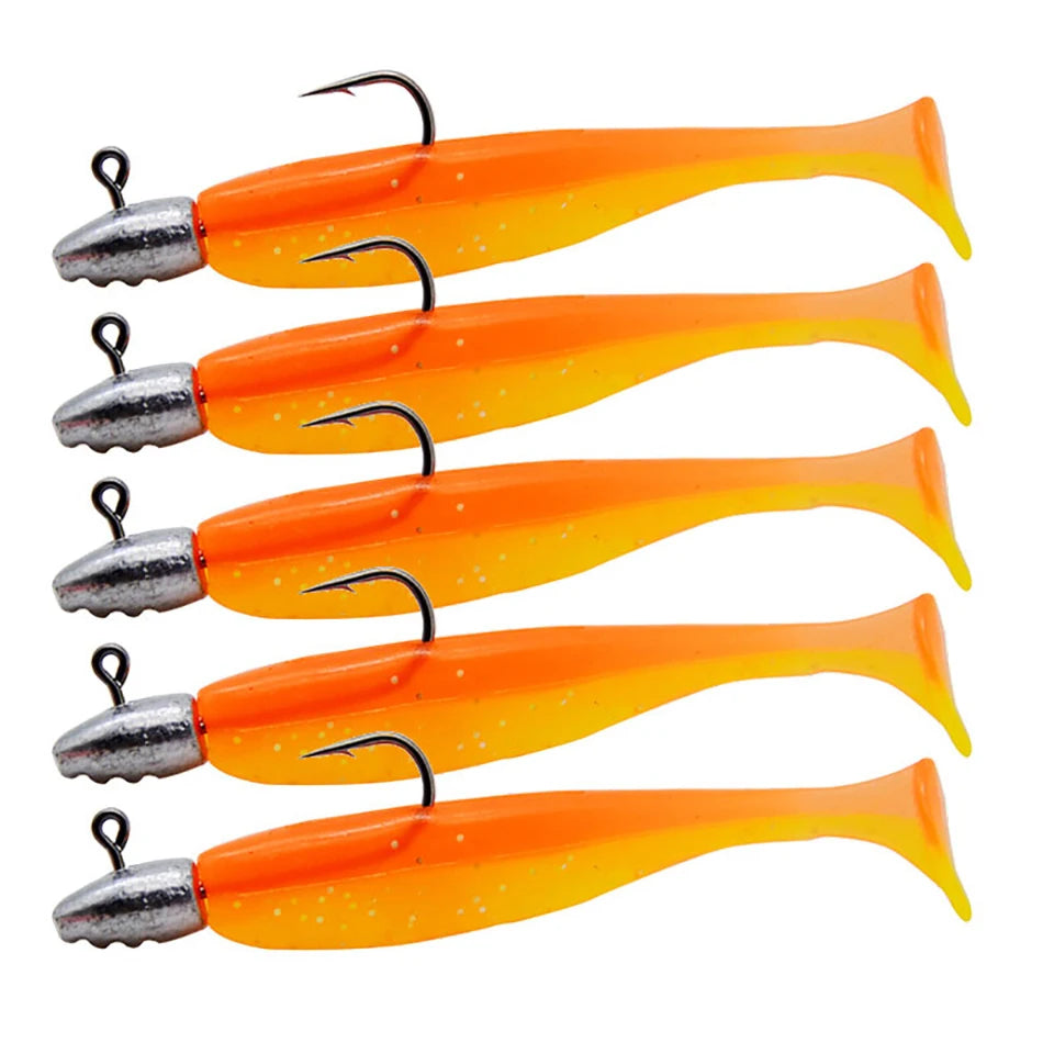 5pcs T-Tail Soft Lure Set with Jig Heads | Paddle Tail Swimbaits | Pre-Rigged Fishing Lures