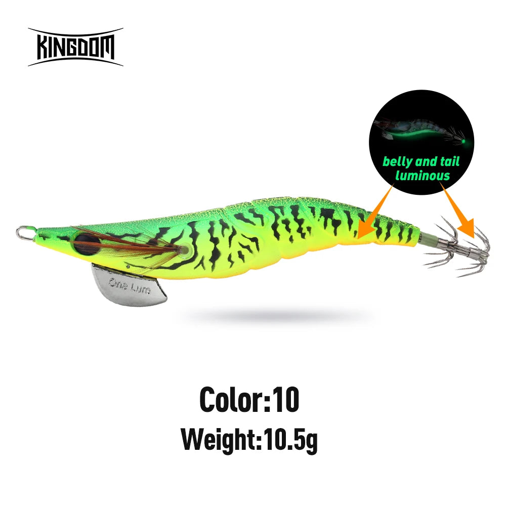 Kingdom EGI Squid Jig | Slow-Sinking Luminous Squid Lure | Wood Shrimp Style | Sizes 1.8–3.5