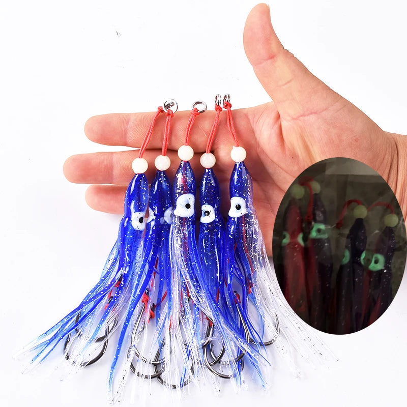 6-Piece Soft Squid Assist Hook Set – 12 cm / 5.5 g Silicone Skirt Rigs (15# Double Hooks, Saltwater)