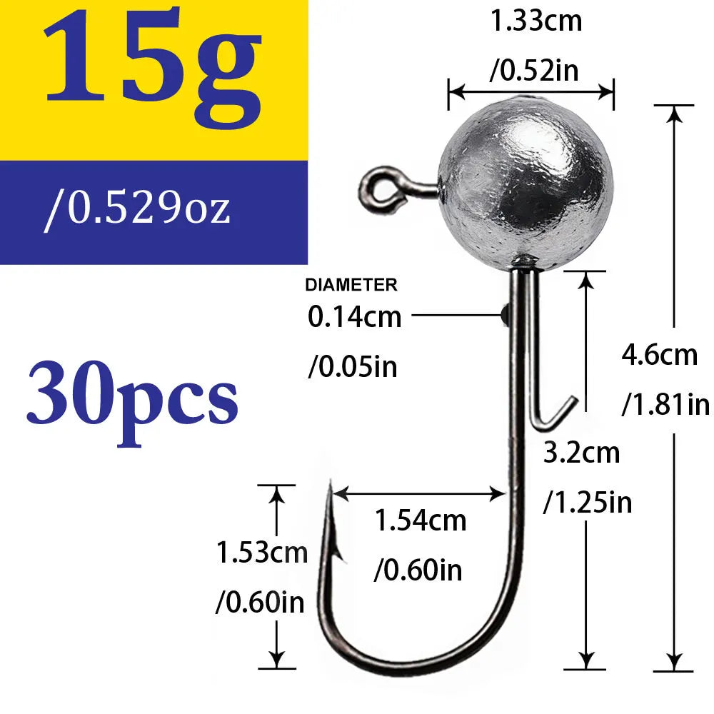 30-Piece Jig Head Hook Set | 1–20g Assorted Weights | Soft Plastic Fishing Hooks