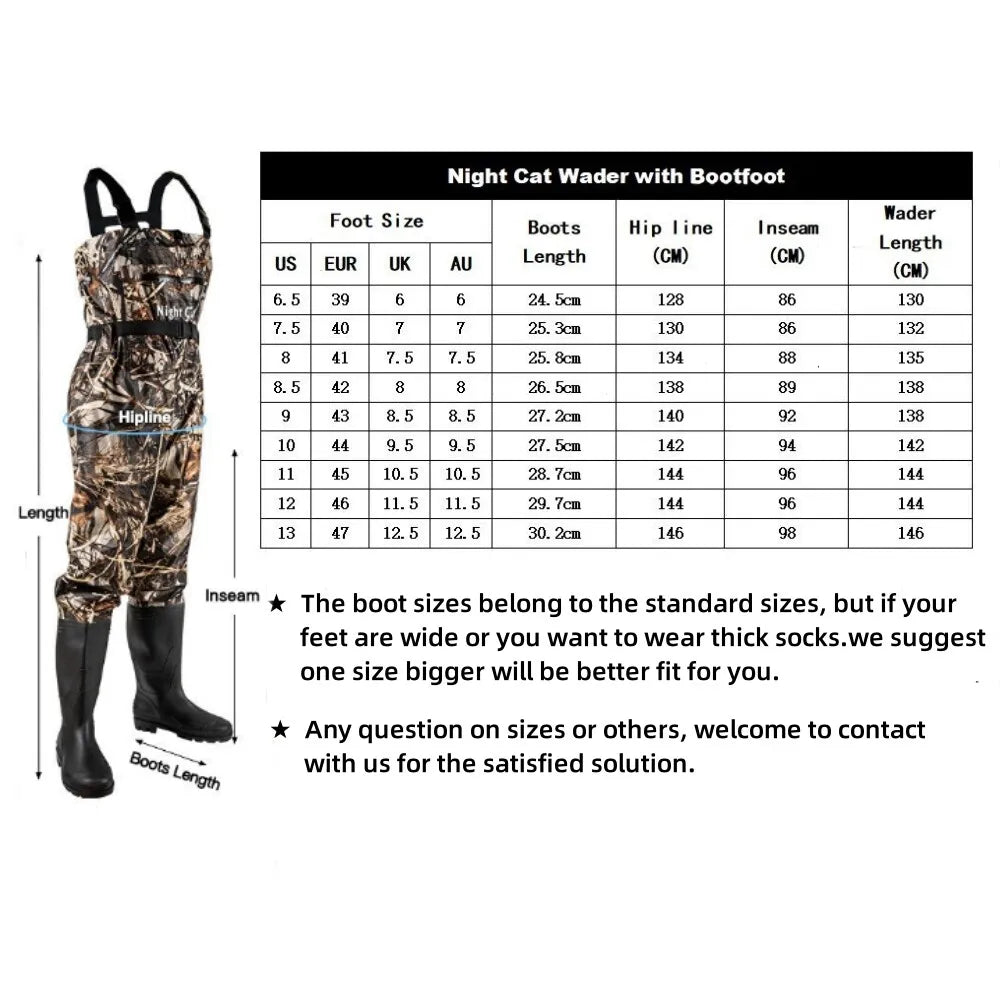 Night Cat Lightweight Waterproof Chest Waders with Boots | Adjustable Fishing Waders | Sizes 6.5–13