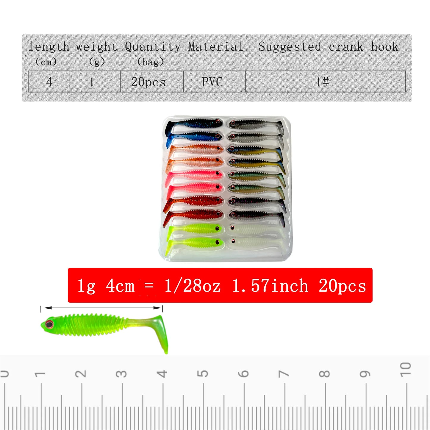 20pcs Soft Plastic Lure Set | 4cm 1g Paddle Tail Baits | Luminous Fishing Lures