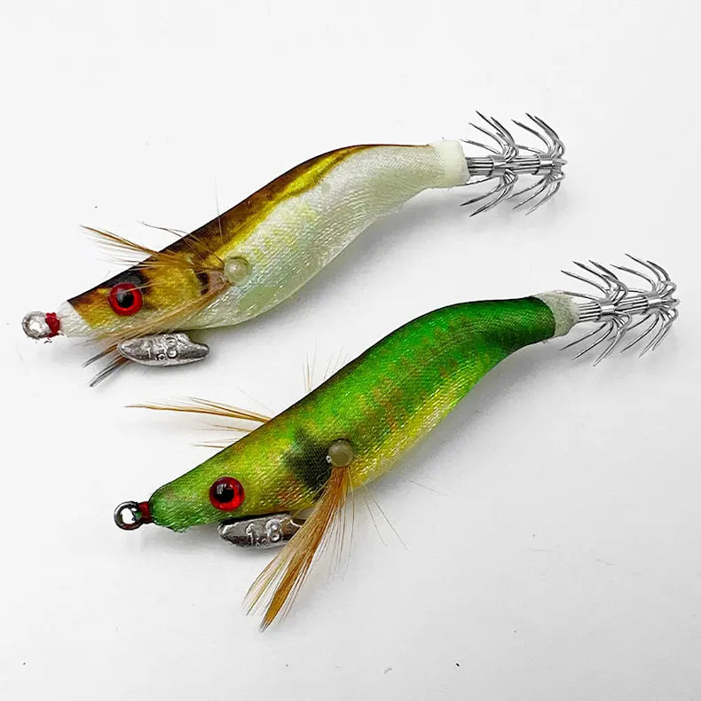 ShareShark Luminous Wooden Shrimp Squid Jigs | 10-Pack | 3D Eye Hard Squid Lures