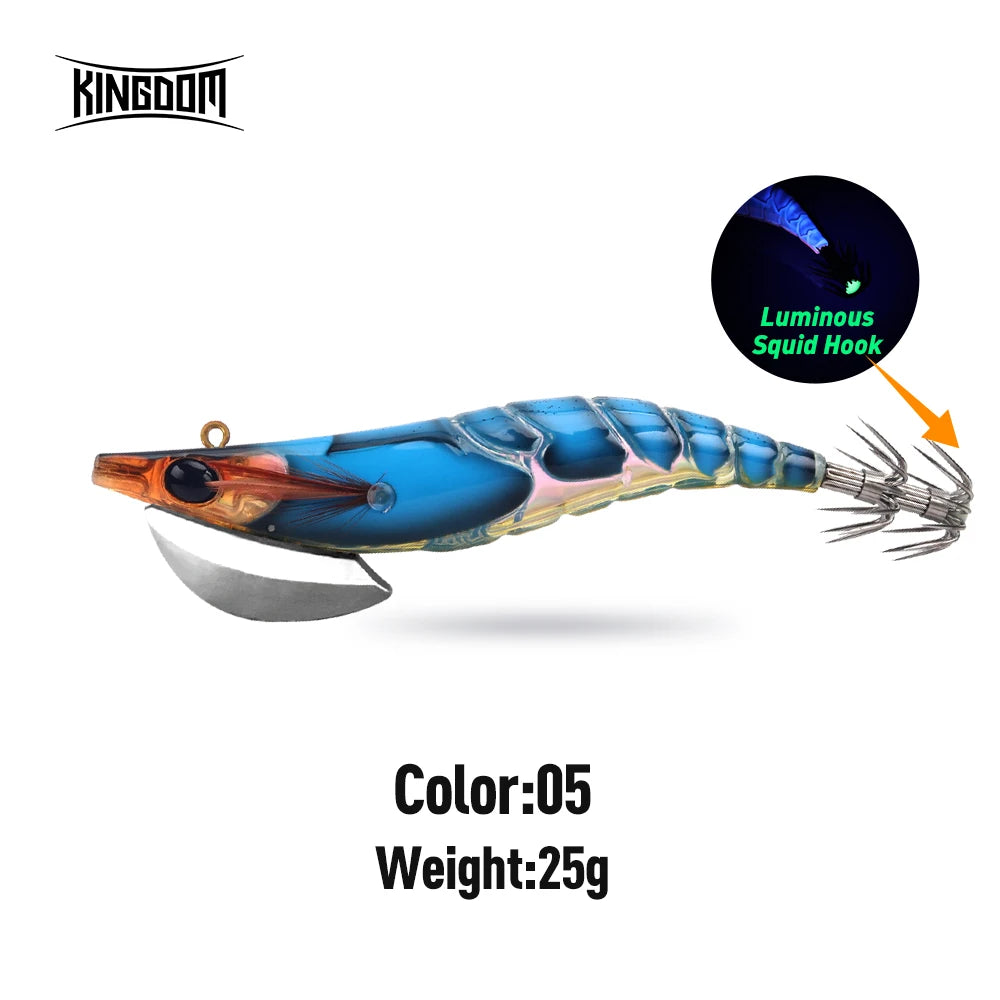 Kingdom EGI Squid Jig | Slow-Sinking Luminous Squid Lure | Wood Shrimp Style | Sizes 1.8–3.5
