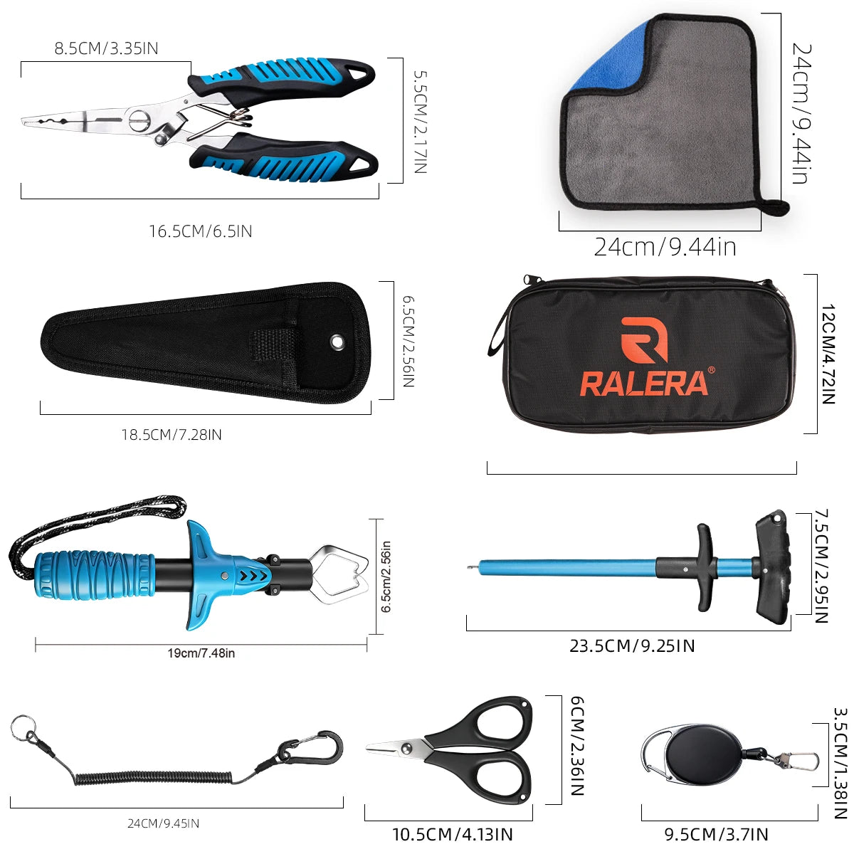 RALERA Complete Fishing Tool Set | Pliers, Fish Gripper, Hook Remover, Shears, Towel & Carry Bag