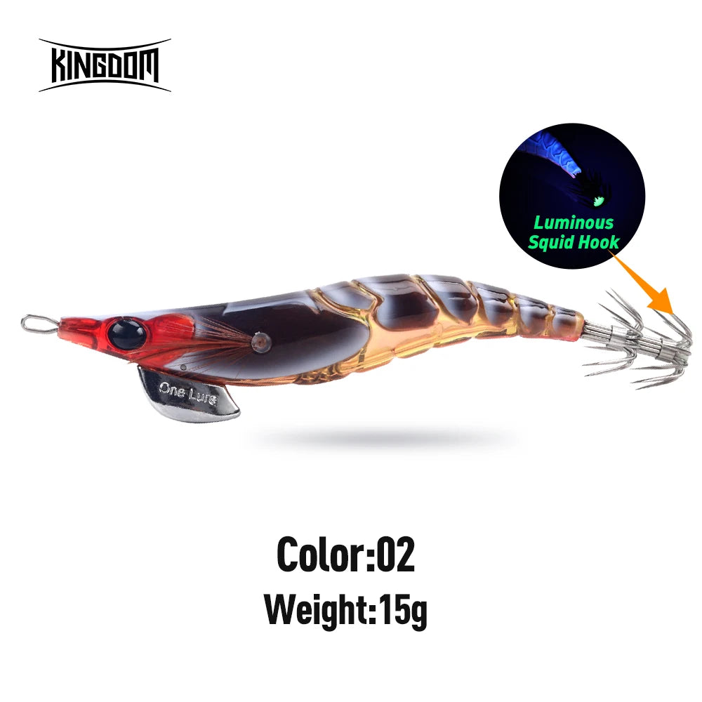 Kingdom EGI Squid Jig | Slow-Sinking Luminous Squid Lure | Wood Shrimp Style | Sizes 1.8–3.5