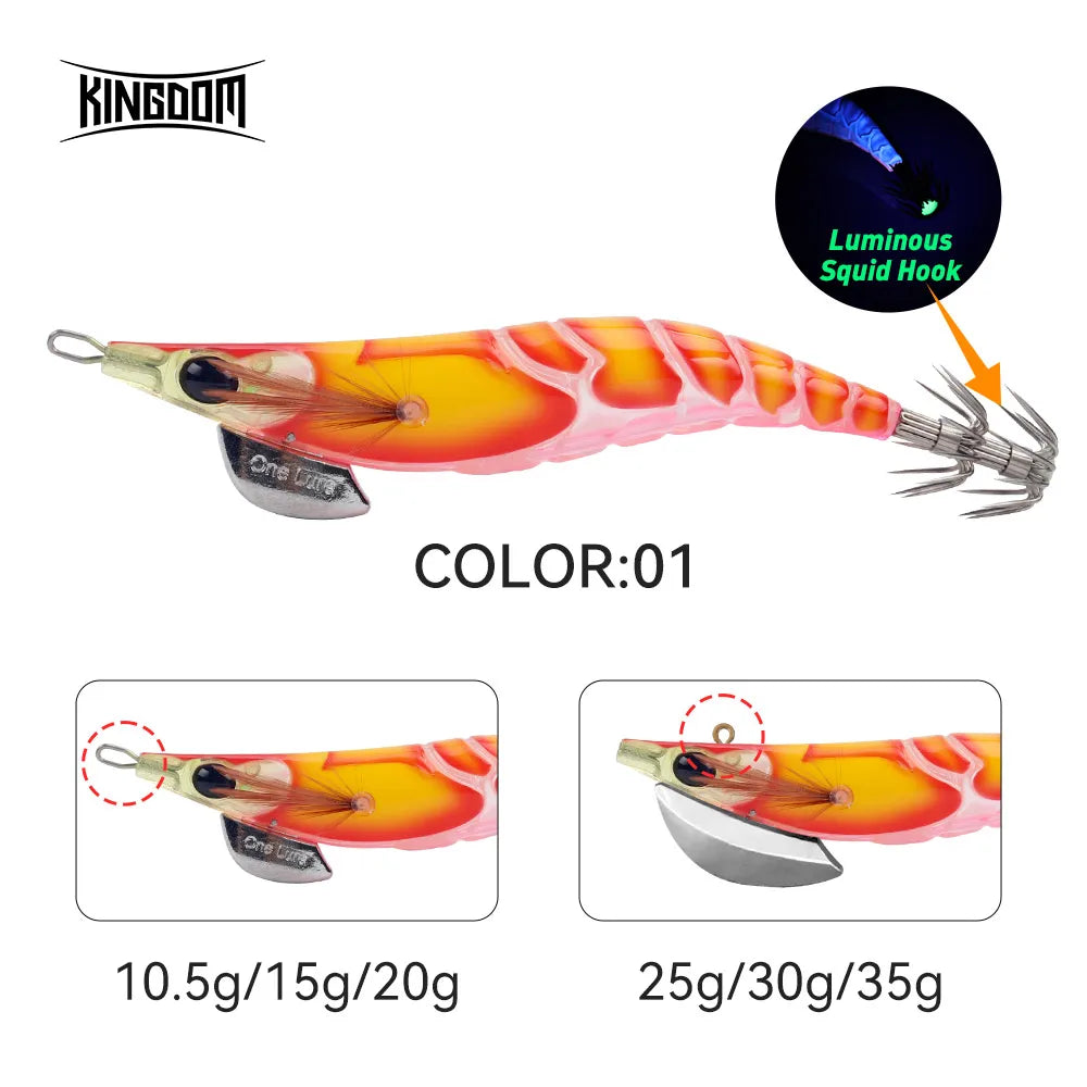 Kingdom EGI Squid Jig | Slow-Sinking Luminous Squid Lure | Wood Shrimp Style | Sizes 1.8–3.5