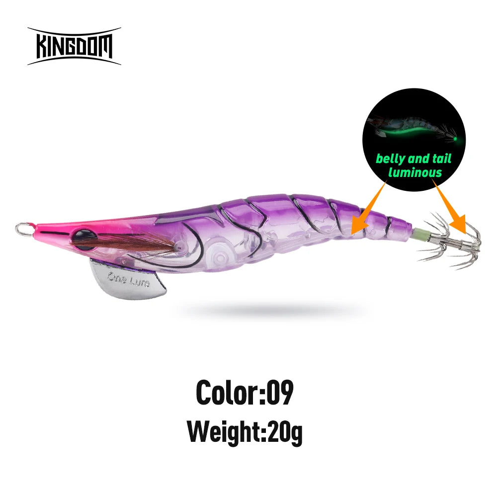 Kingdom EGI Squid Jig | Slow-Sinking Luminous Squid Lure | Wood Shrimp Style | Sizes 1.8–3.5