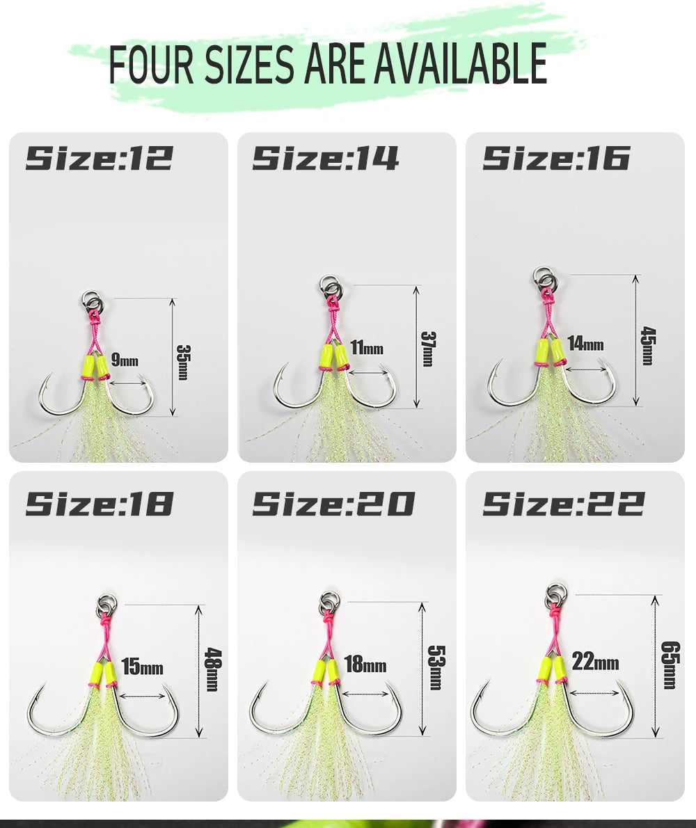 10 Pcs Double-Barbed Feathered Assist Hooks – Twin Jigging Hooks (Sizes 20# & 22#)