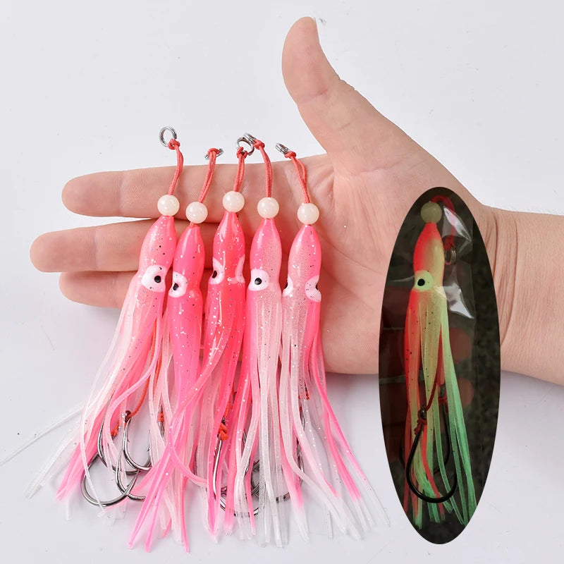 6-Piece Soft Squid Assist Hook Set – 12 cm / 5.5 g Silicone Skirt Rigs (15# Double Hooks, Saltwater)