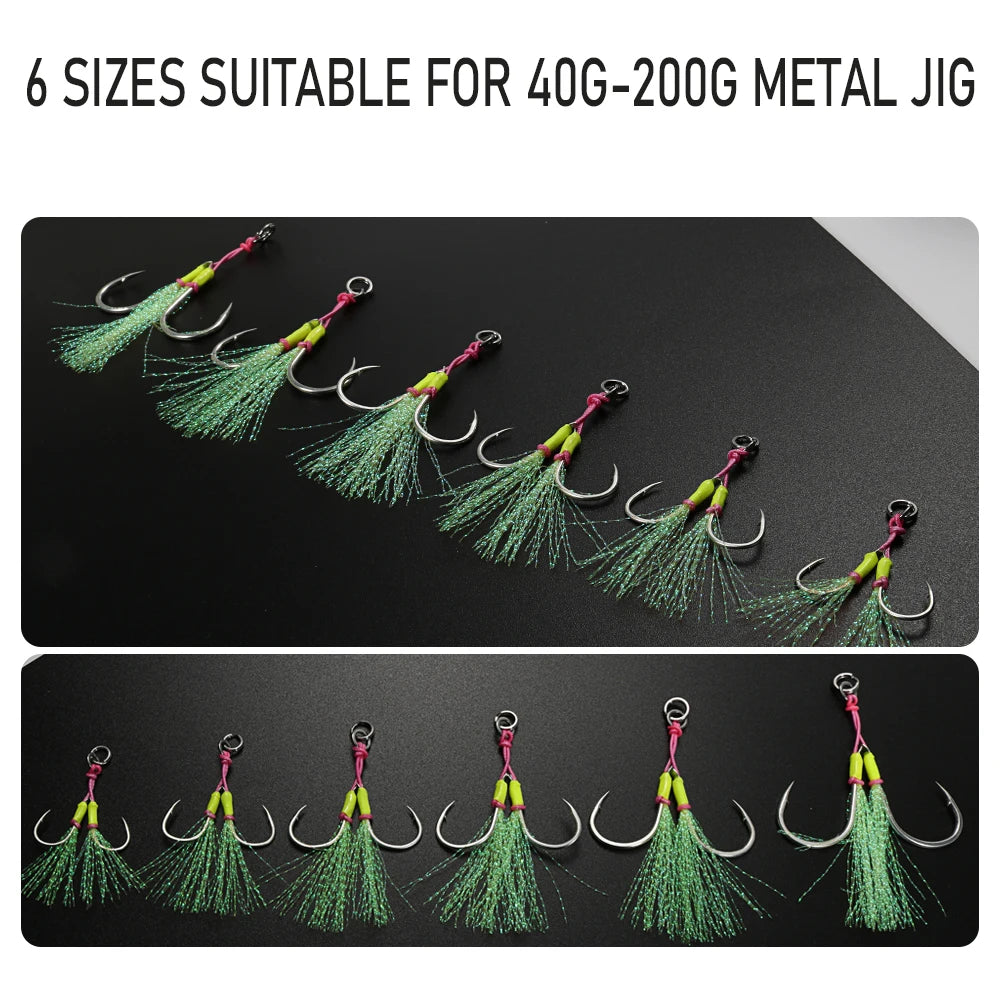 10 Pcs Double-Barbed Feathered Assist Hooks – Twin Jigging Hooks (Sizes 20# & 22#)