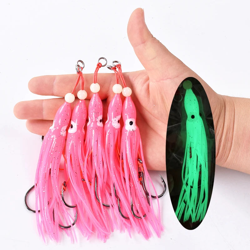 6-Piece Soft Squid Assist Hook Set – 12 cm / 5.5 g Silicone Skirt Rigs (15# Double Hooks, Saltwater)
