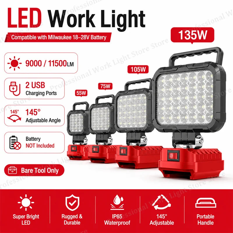 18V Battery LED Work Light For Milwaukee | Portable Jobsite & Fishing Lamp | Tool Battery Powered