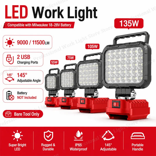 18V Battery LED Work Light For Milwaukee | Portable Jobsite & Fishing Lamp | Tool Battery Powered