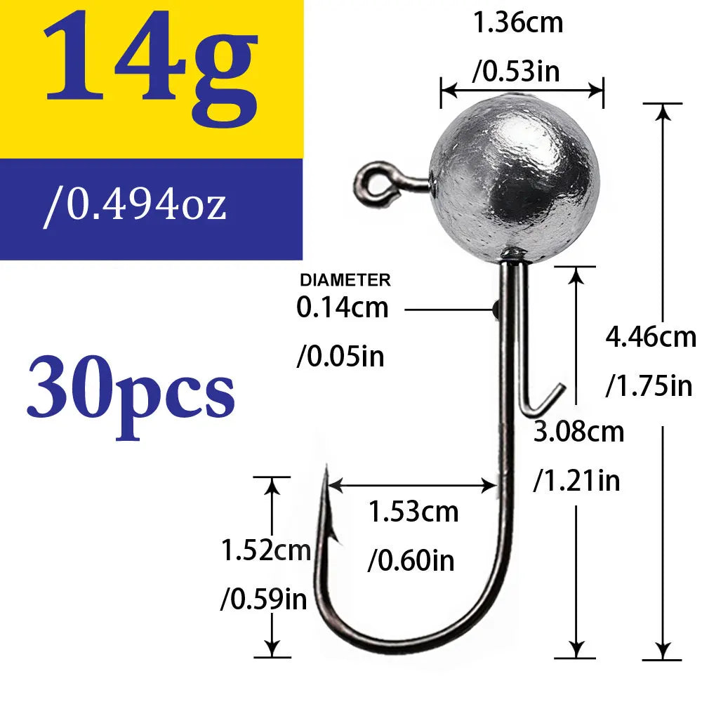 30-Piece Jig Head Hook Set | 1–20g Assorted Weights | Soft Plastic Fishing Hooks