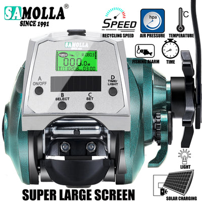 SAMOLLA Large Electronic Baitcasting Reel | Solar + USB Charging | Digital Display | Temp & Air Pressure Monitor