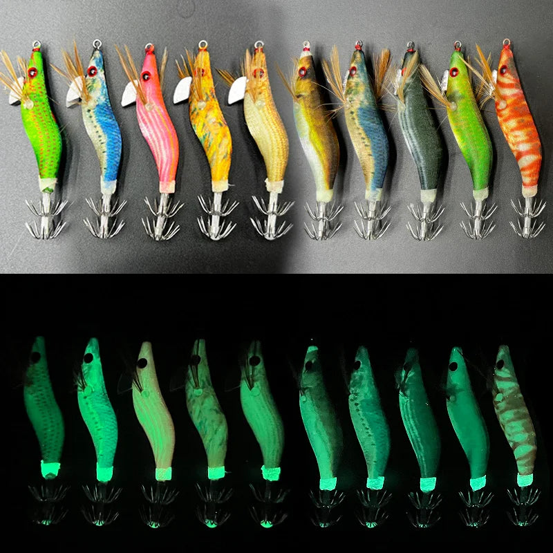 ShareShark Luminous Wooden Shrimp Squid Jigs | 10-Pack | 3D Eye Hard Squid Lures