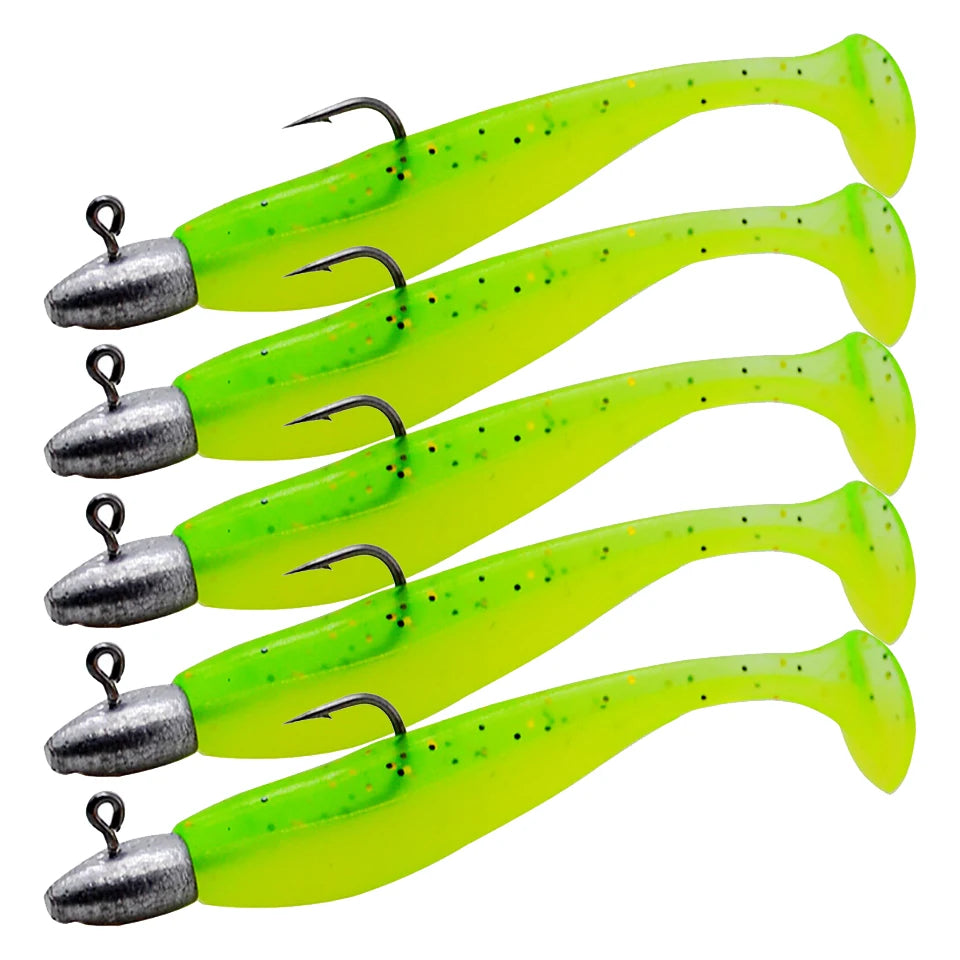 5pcs T-Tail Soft Lure Set with Jig Heads | Paddle Tail Swimbaits | Pre-Rigged Fishing Lures