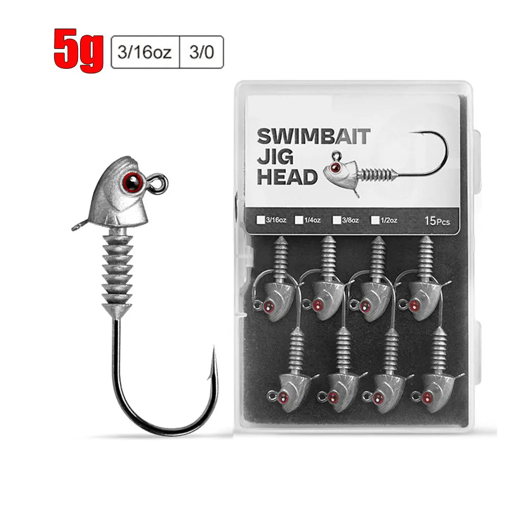 MrLurion Screw Lock Jig Head Set | 5g–14g Weighted Hooks | 15pcs Soft Plastic Jig Heads