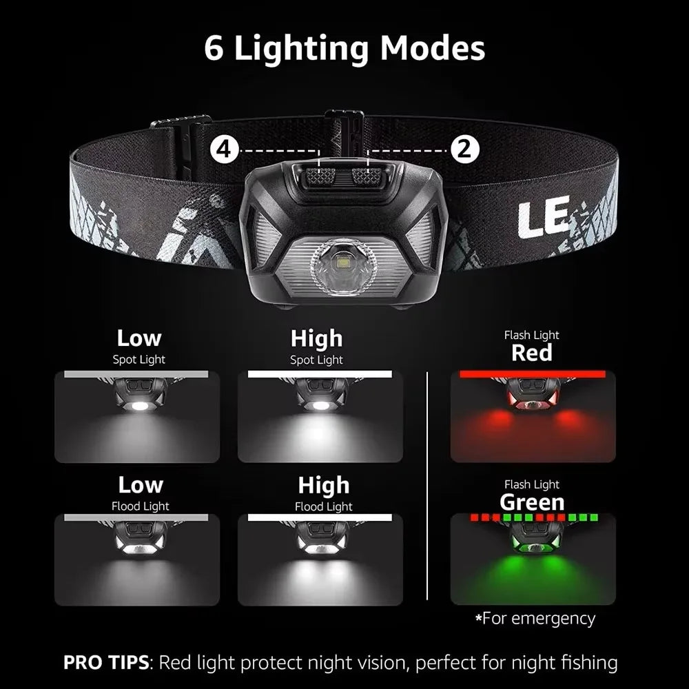 USB Rechargeable LED Headlamp | 6 Modes | Red & Green Light | IPX4 Waterproof | Fishing & Outdoor Use