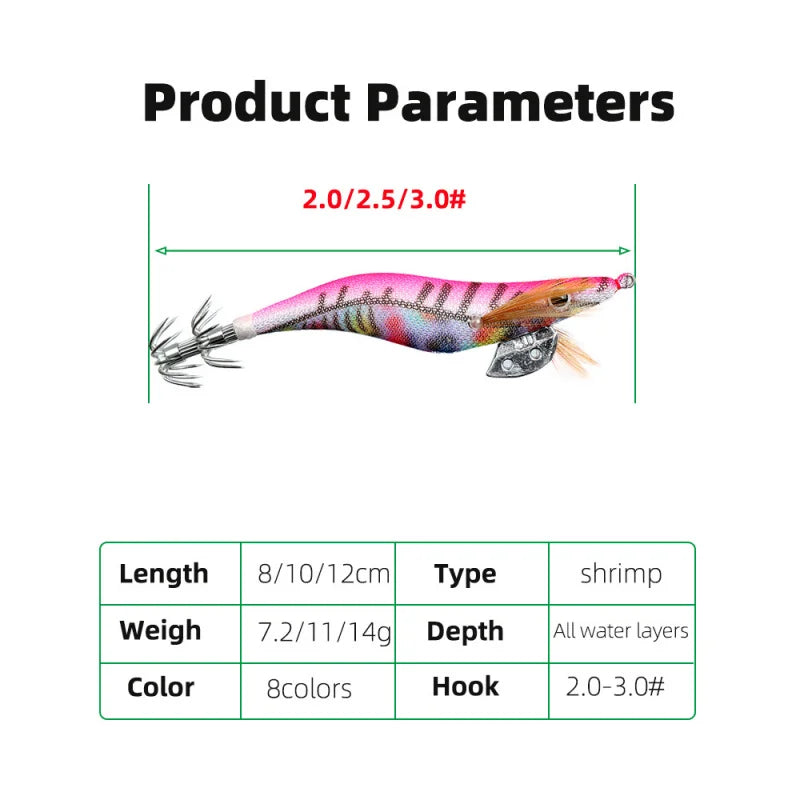 Full Body Luminous Wooden Shrimp Squid Jig | Sizes 2.0 / 2.5 / 3.0 | Squid & Cuttlefish Lure