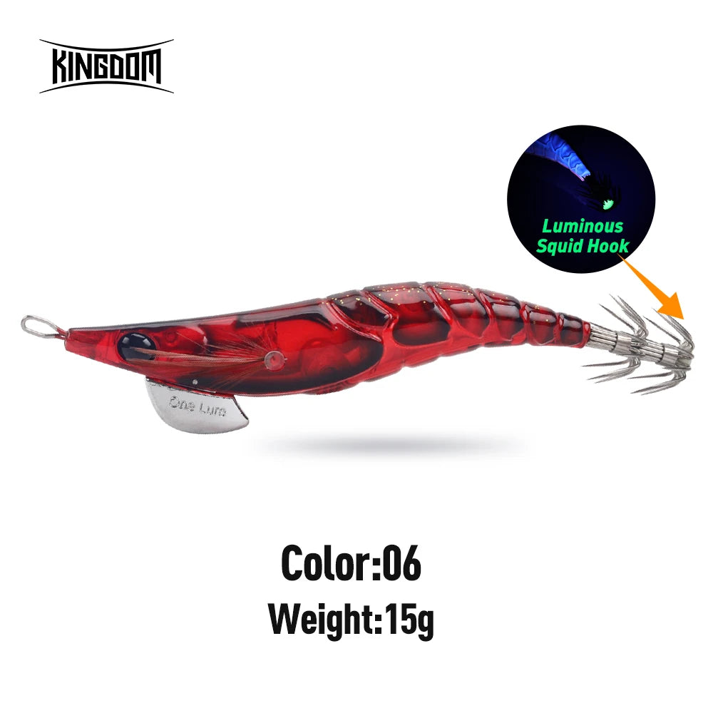 Kingdom EGI Squid Jig | Slow-Sinking Luminous Squid Lure | Wood Shrimp Style | Sizes 1.8–3.5