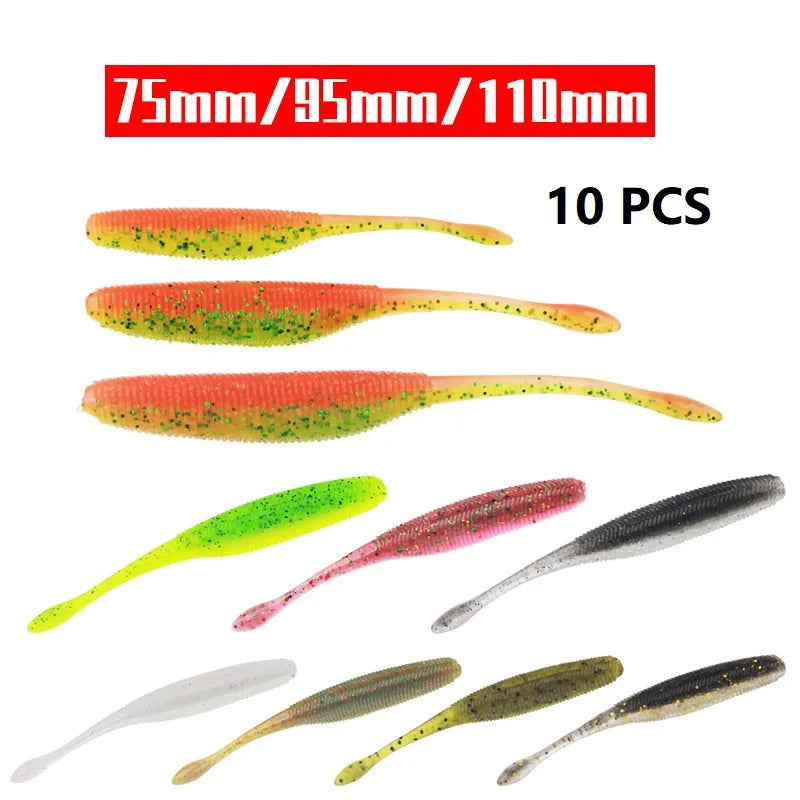 10pcs Stick Worm Soft Plastic Lures | 75mm / 90mm / 110mm Salted Straight Tail Soft Baits