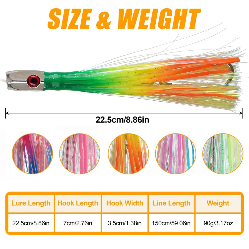 90g Skirted Trolling Jig Head Lure | Big Game Octopus Skirt | Offshore Marlin & Tuna Lure