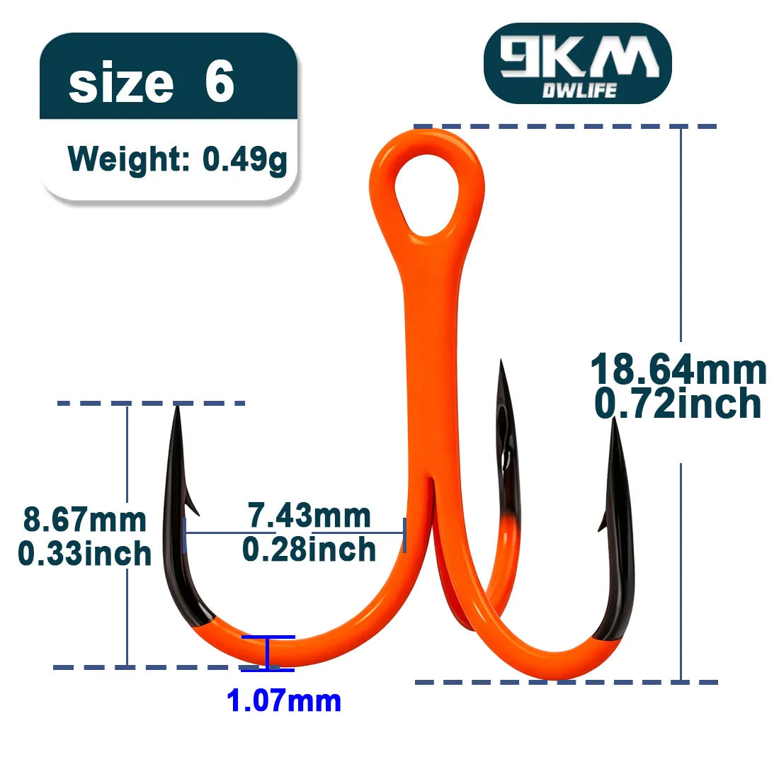 9KM Orange UV Treble Hooks | 2X Strong Replacement Triple Hooks | 5–10pcs