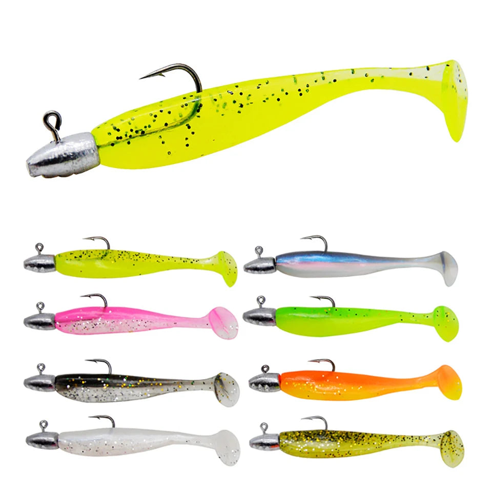 5pcs T-Tail Soft Lure Set with Jig Heads | Paddle Tail Swimbaits | Pre-Rigged Fishing Lures