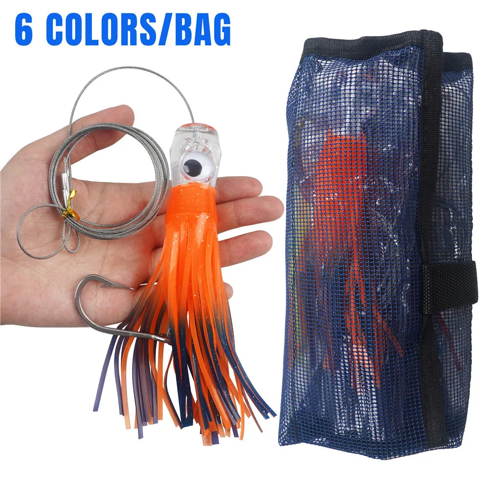 6-Piece Big Game Trolling Skirt Lure Set – 6” & 9” Lures with 7/0 Hooks & 150 lb Leader