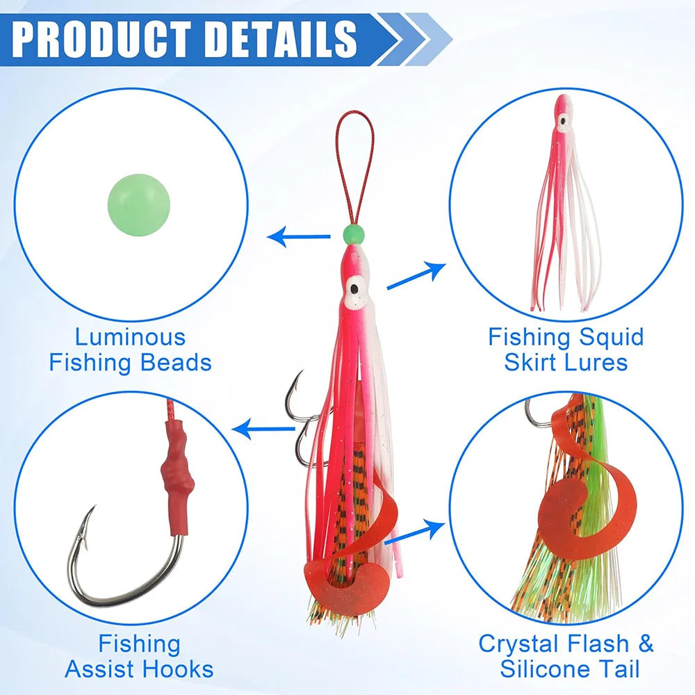 5pcs Squid Rig Jigging Lure Set | Octopus Skirt Baits with Double Assist Hooks | Offshore Fishing Lures