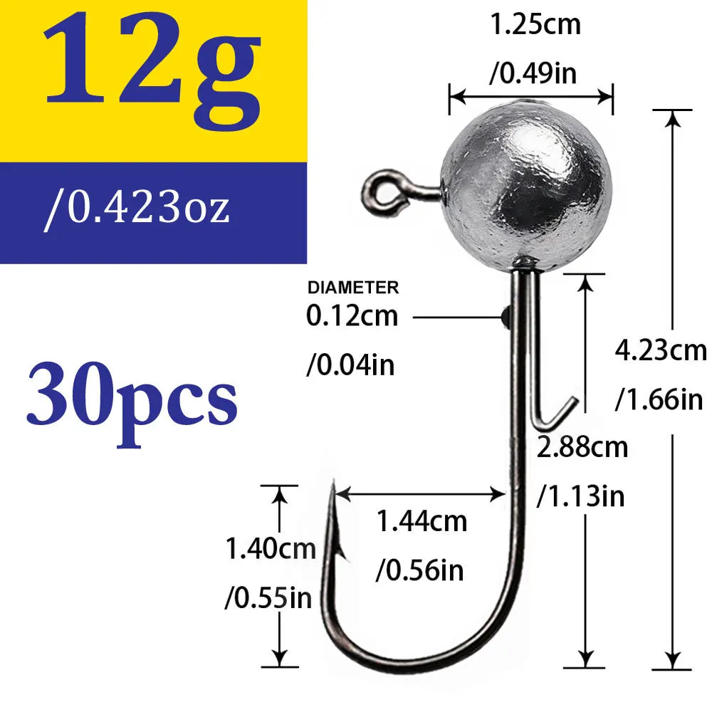 30-Piece Jig Head Hook Set | 1–20g Assorted Weights | Soft Plastic Fishing Hooks