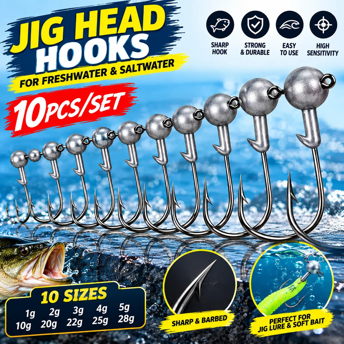 High Carbon Steel Jig Head Hooks | 10 Pack  | Soft Plastic Jig Hooks