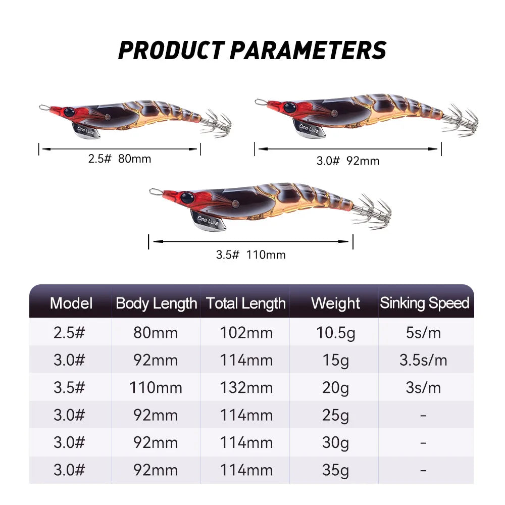 Kingdom EGI Squid Jig | Slow-Sinking Luminous Squid Lure | Wood Shrimp Style | Sizes 1.8–3.5