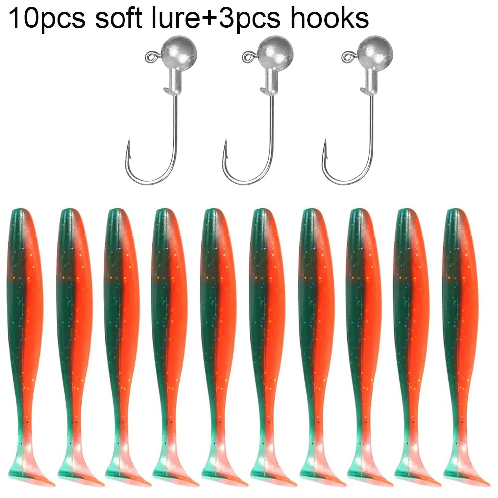 Soft Plastic Lure Kit | 10pcs T-Tail Worms + 3 Jig Heads | 5.5cm–10cm Swimbait Set