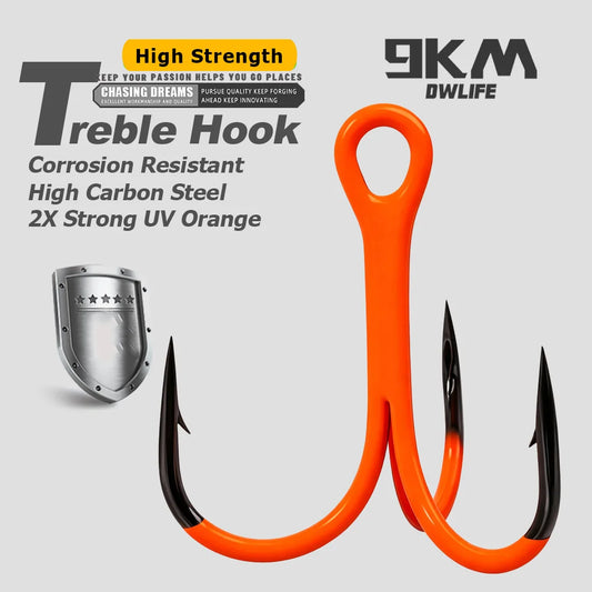 9KM Orange UV Treble Hooks | 2X Strong Replacement Triple Hooks | 5–10pcs
