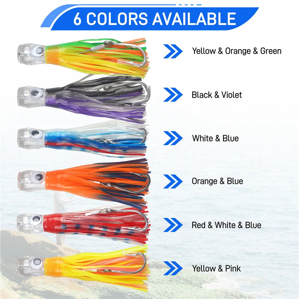 6-Piece Big Game Trolling Skirt Lure Set – 6” & 9” Lures with 7/0 Hooks & 150 lb Leader