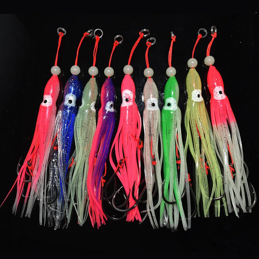 6-Piece Soft Squid Assist Hook Set – 12 cm / 5.5 g Silicone Skirt Rigs (15# Double Hooks, Saltwater)