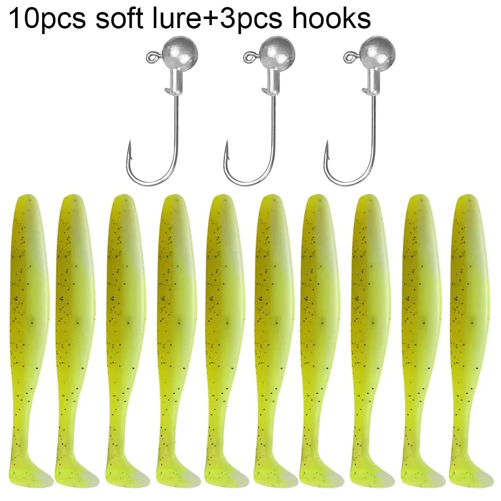 Soft Plastic Lure Kit | 10pcs T-Tail Worms + 3 Jig Heads | 5.5cm–10cm Swimbait Set