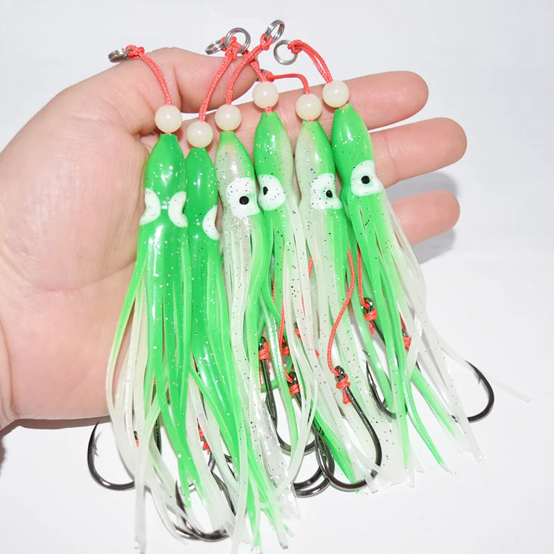 6-Piece Soft Squid Assist Hook Set – 12 cm / 5.5 g Silicone Skirt Rigs (15# Double Hooks, Saltwater)