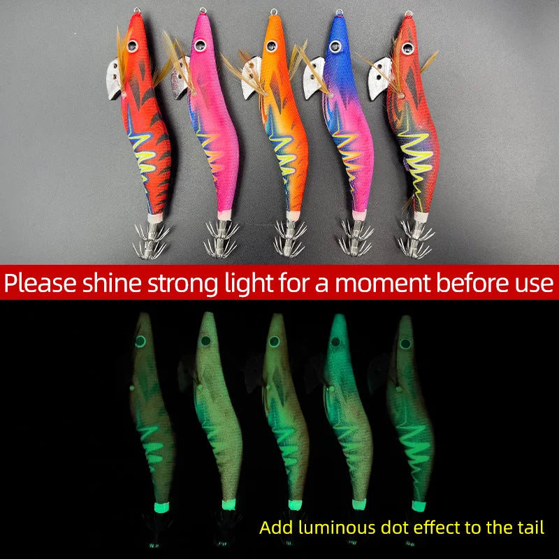 ShareShark Luminous Squid Jigs | 5-Pack | 13.2cm 20g | 3.5# Shrimp-Style Hardbody Lures