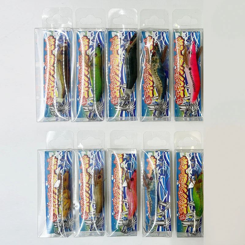 ShareShark Luminous Wooden Shrimp Squid Jigs | 10-Pack | 3D Eye Hard Squid Lures